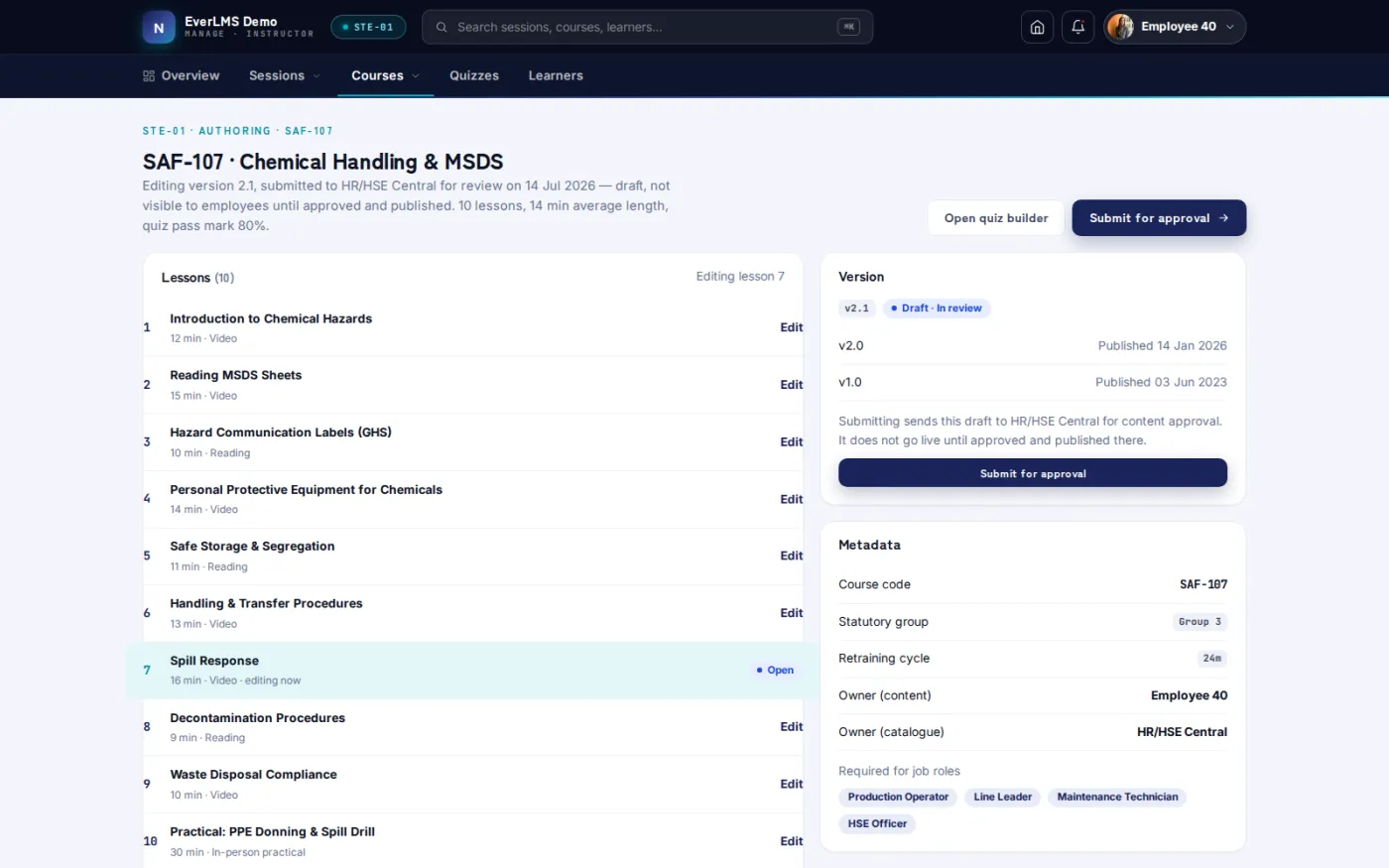 The course editor manages lesson order, content type and duration for a draft version before it is submitted for review and published.