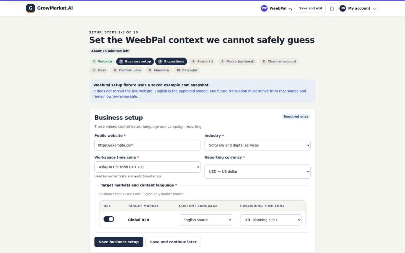 Guided setup walks through website import, business context, brand kit, channels and mandate so the system learns what it cannot safely guess.