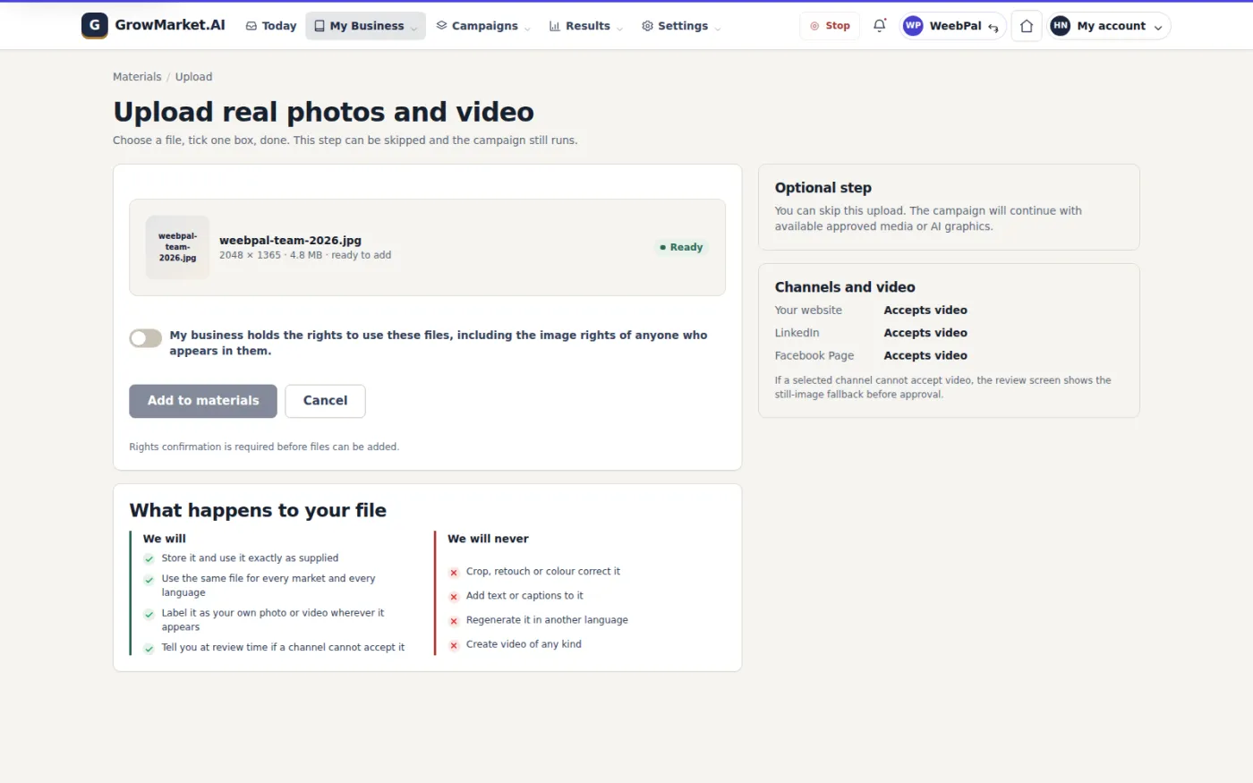 Real photos and video are uploaded with an explicit rights confirmation, so the material used in posts is genuinely owned by the business.