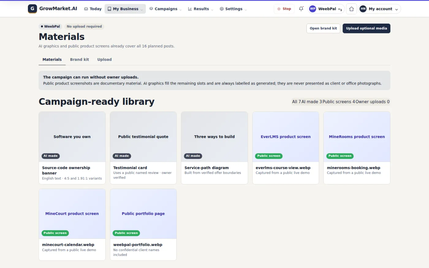 The material library separates uploaded photographs, public product screenshots and AI-made graphics so every post shows where its image came from.