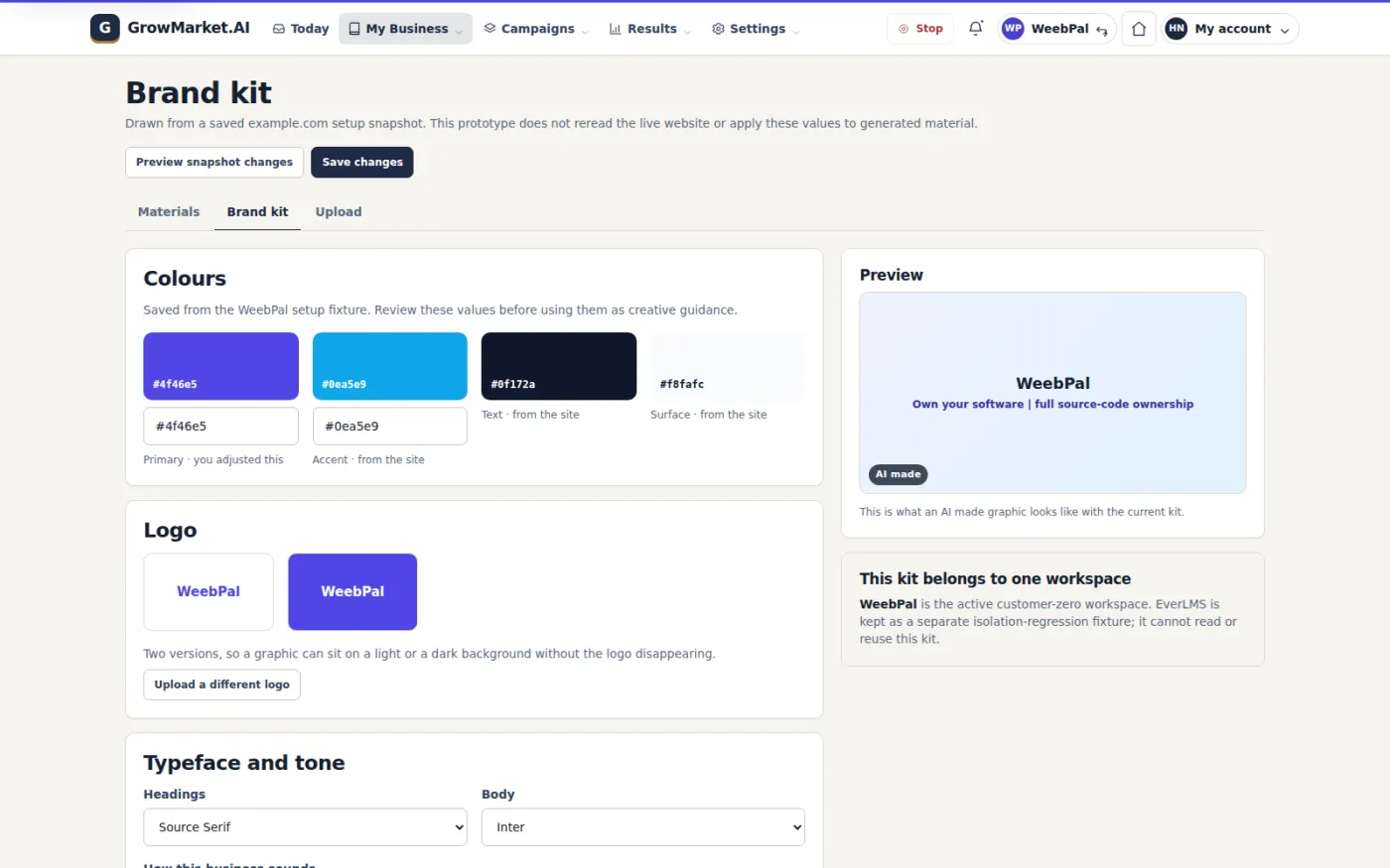 The brand kit stores colours, logo files, typeface and tone, and shows detected website changes so nothing is applied without an owner choosing it.