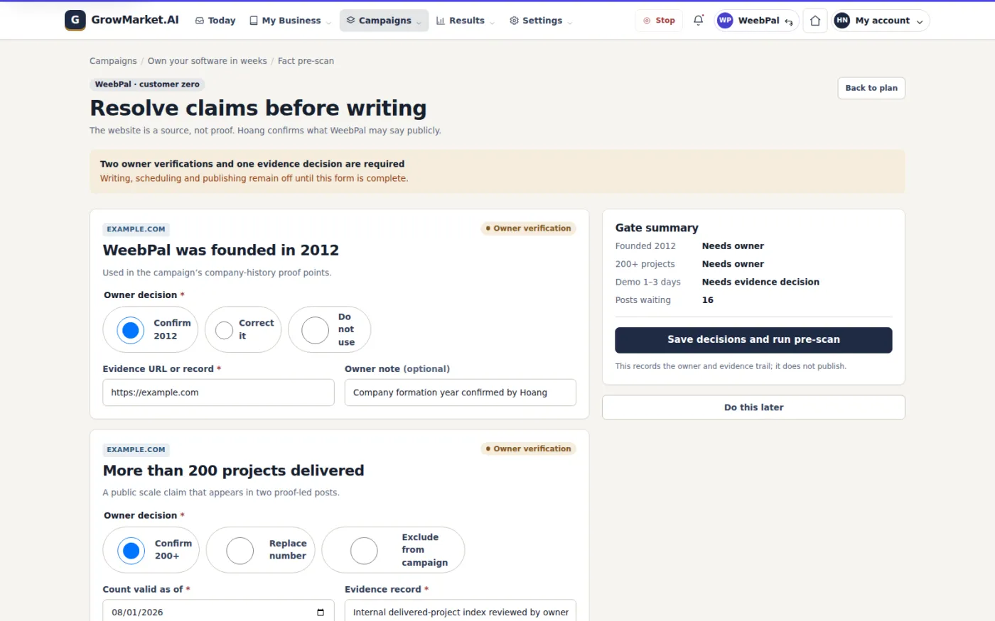 Before any copy is written, a pre-scan forces every uncertain claim to be confirmed, corrected or excluded, holding generation until it is resolved.