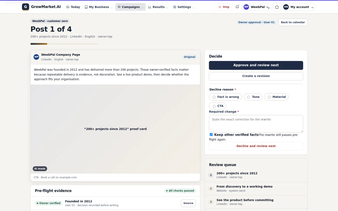 Each post is approved one at a time alongside pre-flight evidence showing which verified facts it used and which guardrails it passed.