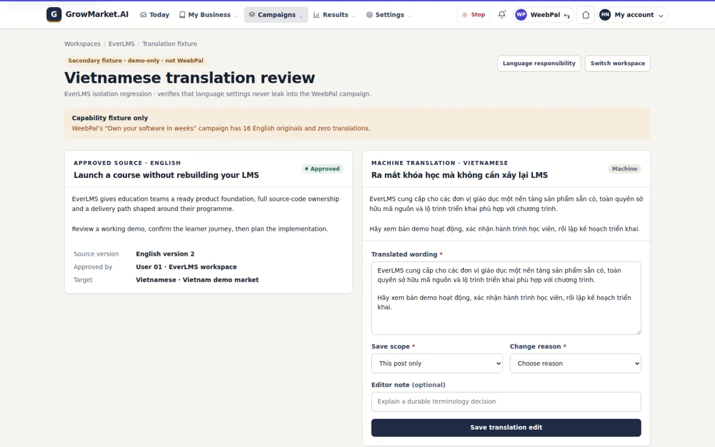 Translated versions are reviewed against the approved source so a language edit changes only that derivative and never the original approval.