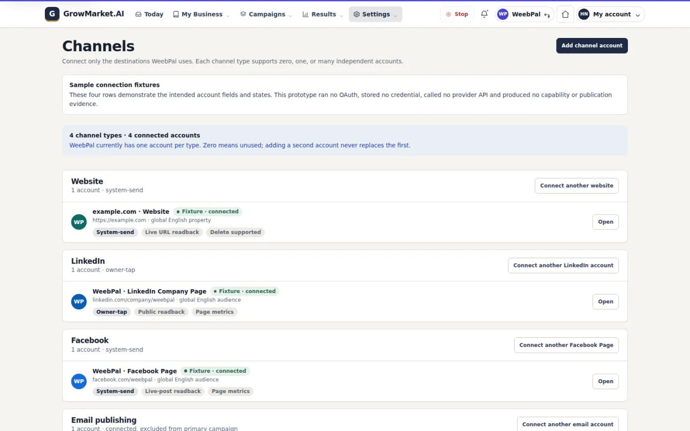 Connected destinations are listed by channel type with their capabilities and send route, so each account is authorised independently of the others.