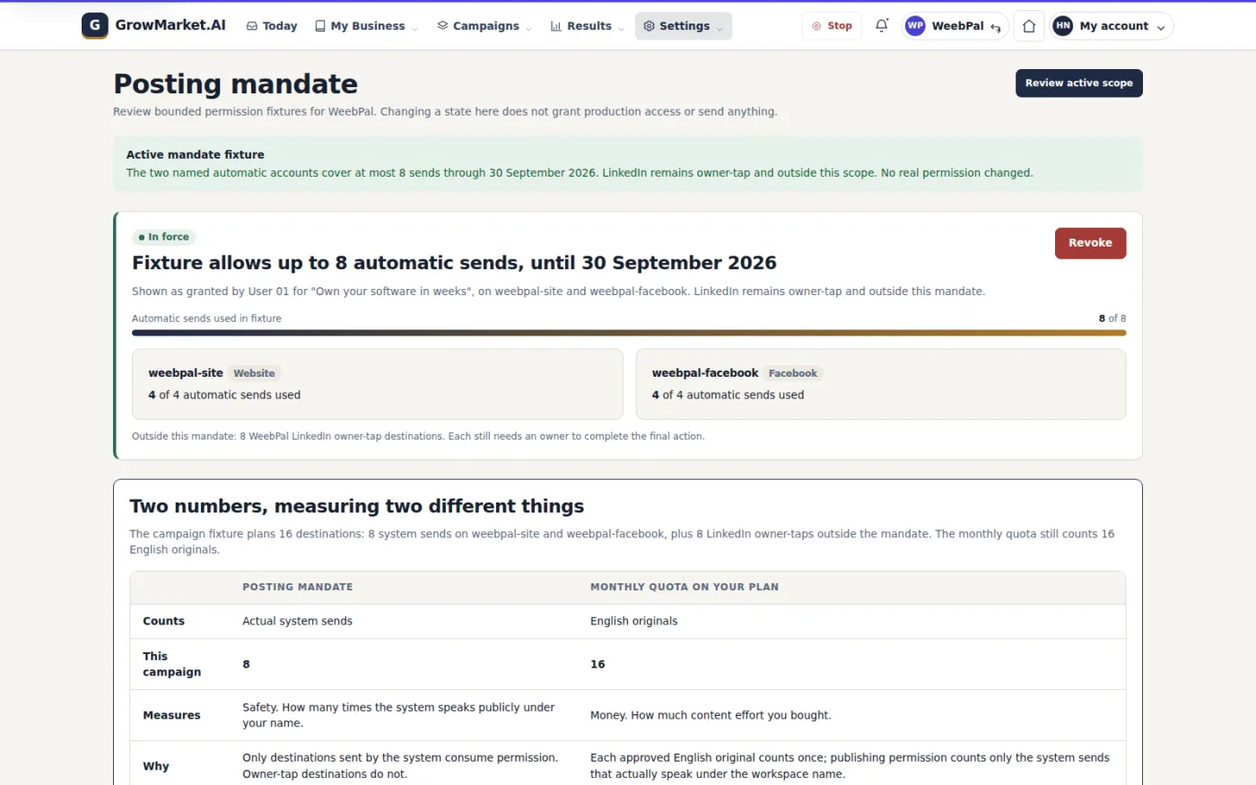 The posting mandate bounds automatic sending to named accounts, a capped number of sends and an end date, and it can be revoked at any time.