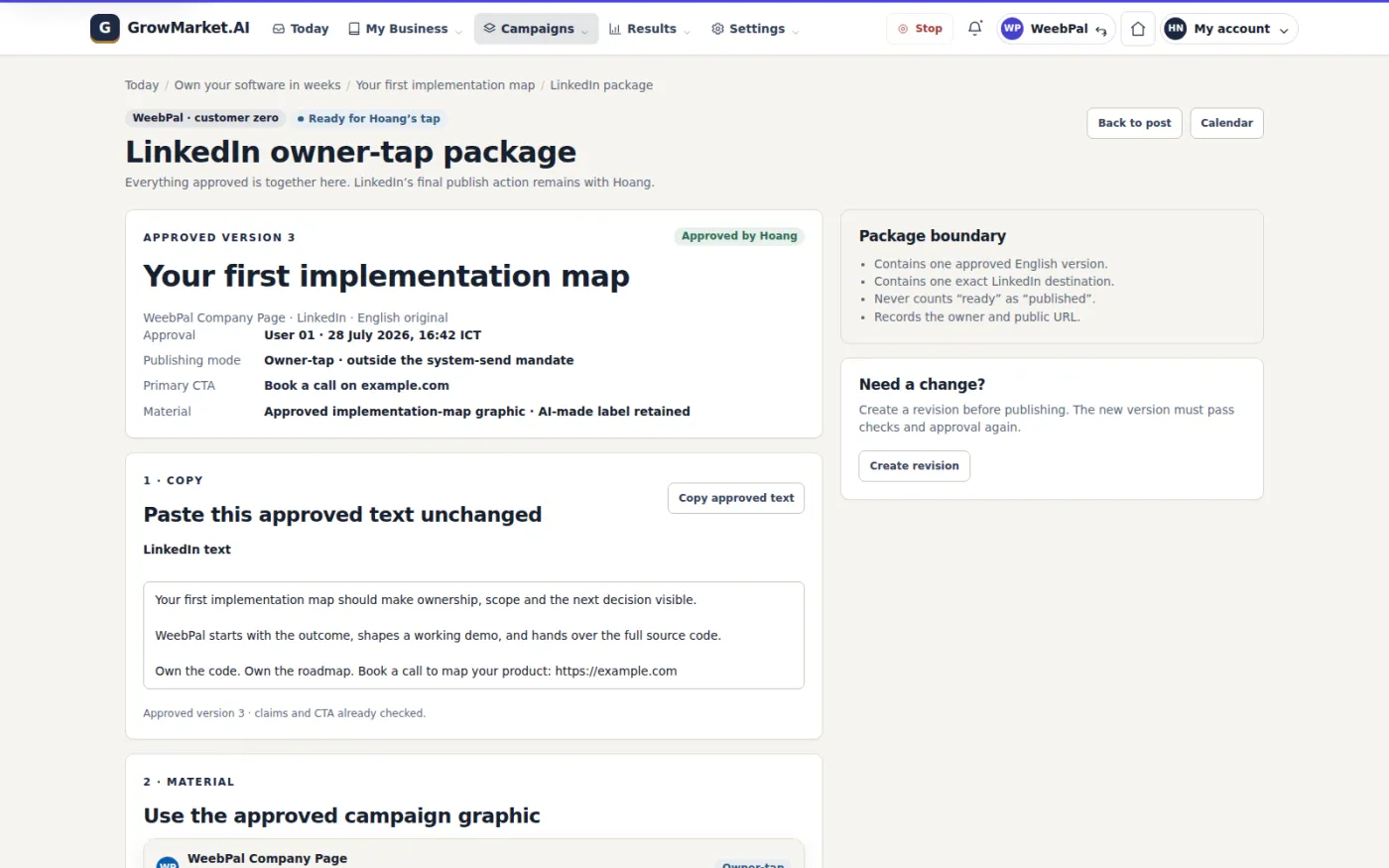 For destinations the system may not send to, the approved copy, graphic and link are packaged for the owner to publish and record the public URL.