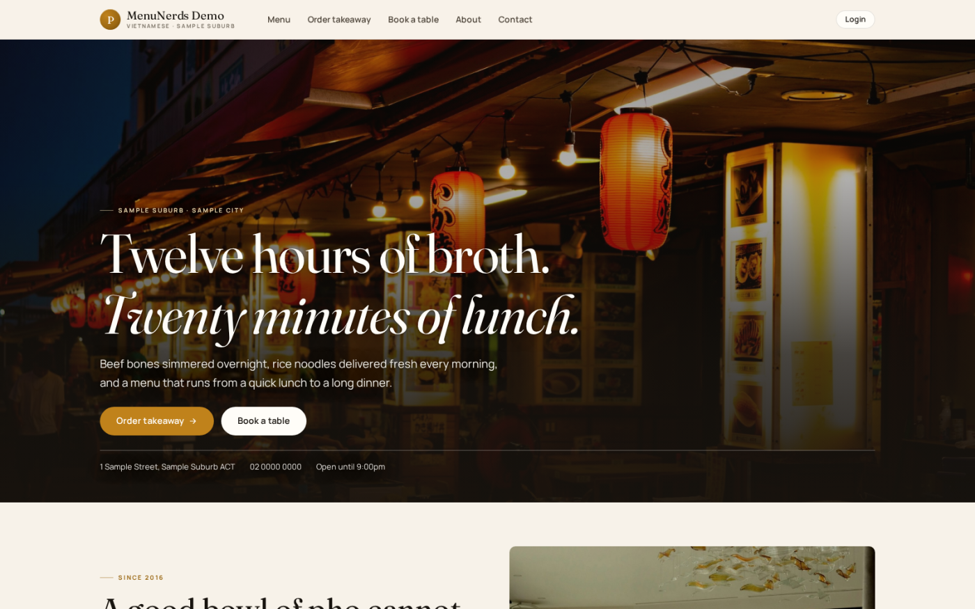 The restaurant public home page, leading guests straight into the menu, takeaway ordering and table booking from one place.