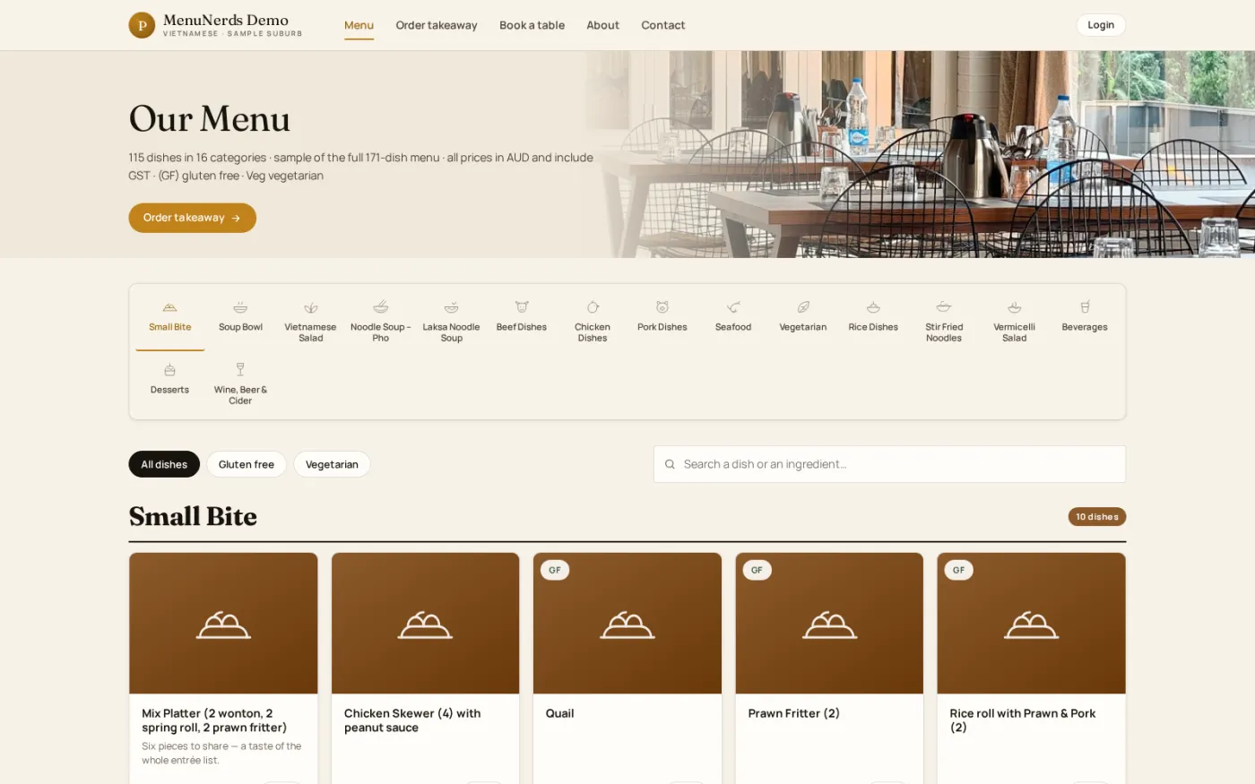 The full digital menu grouped by course, with photos, prices and dietary tags, so guests can browse everything before ordering.