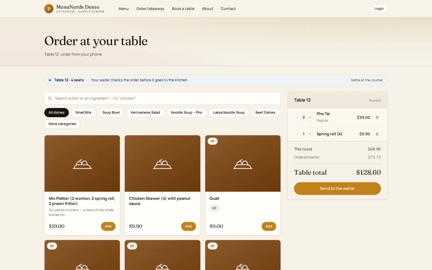 The menu a guest sees after scanning the QR code at their table, letting them add dishes to a round without waiting for a waiter.