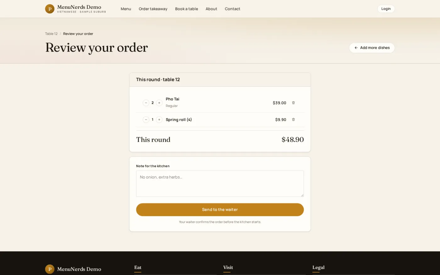 The round a seated guest has built, with quantities and notes, reviewed one last time before it is sent to the waiter for approval.