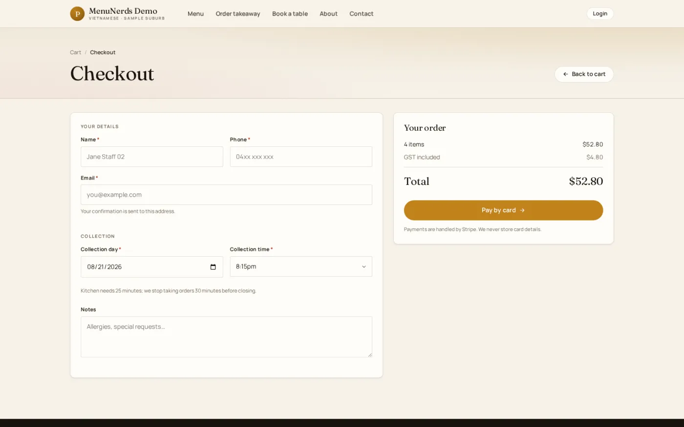 Takeaway checkout, where the guest confirms the order summary, the contact details and the pickup time before paying.