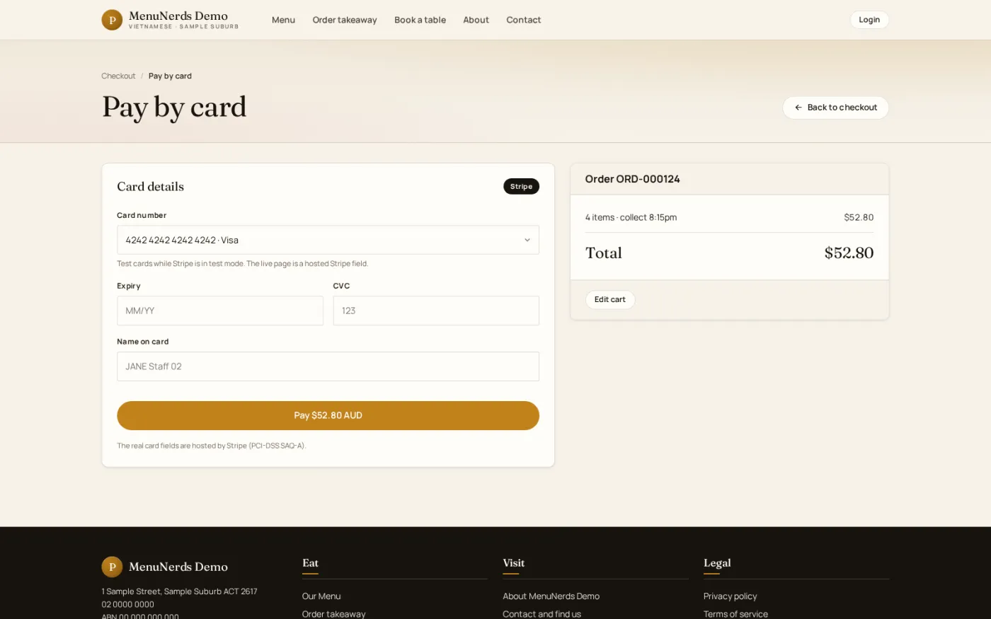 The card payment step for a takeaway order, showing the amount due beside the order reference being paid.