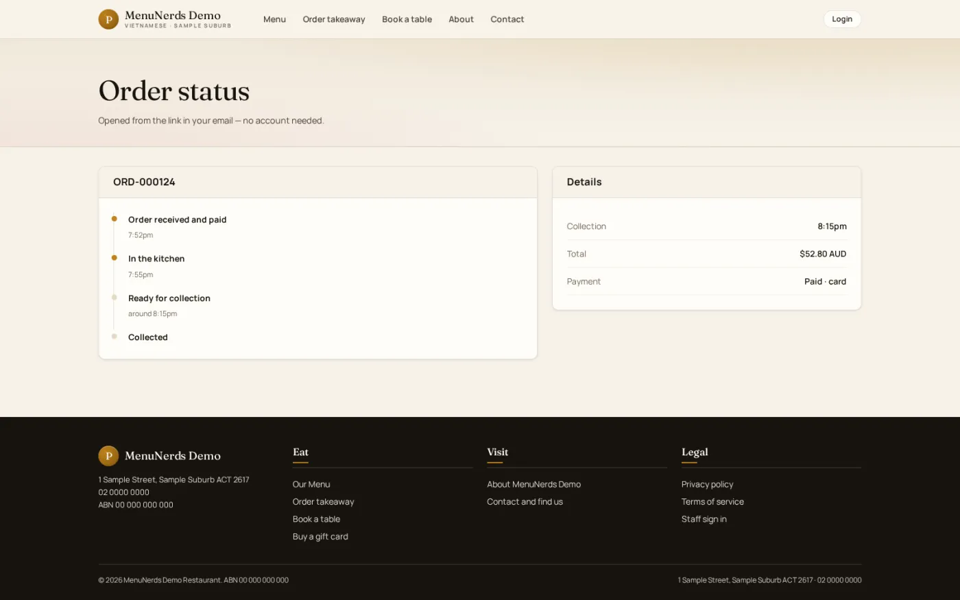 A live status page for a placed order, showing which stage it has reached and when it will be ready for collection.