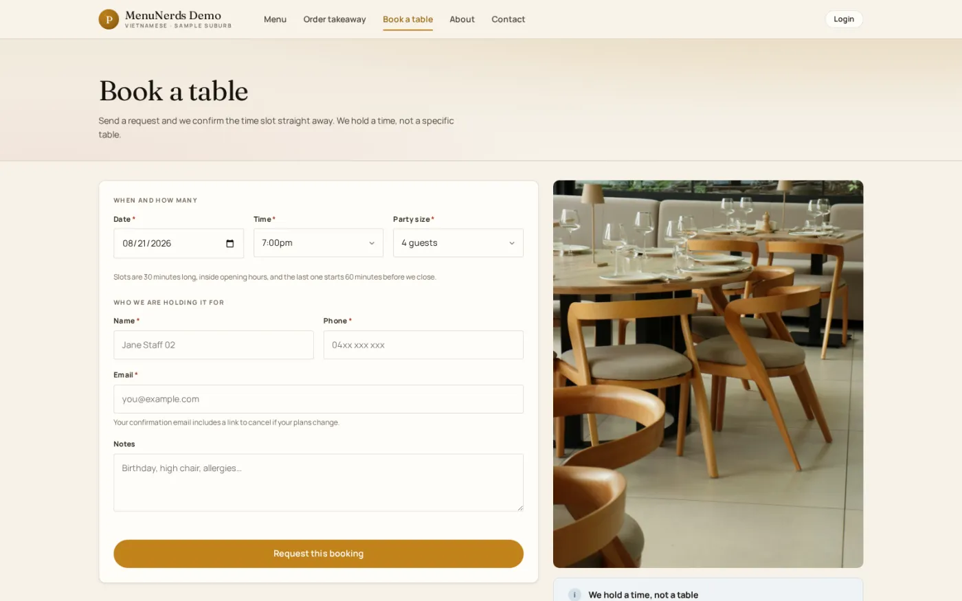The table booking form, where a guest picks a date, time and party size and leaves the details the floor team needs.