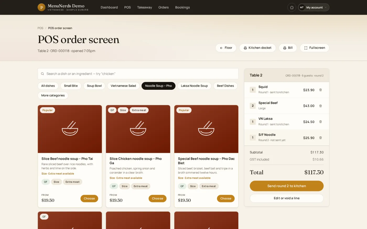 The waiter order screen, with the full dish grid on one side and the running bill for the table on the other.