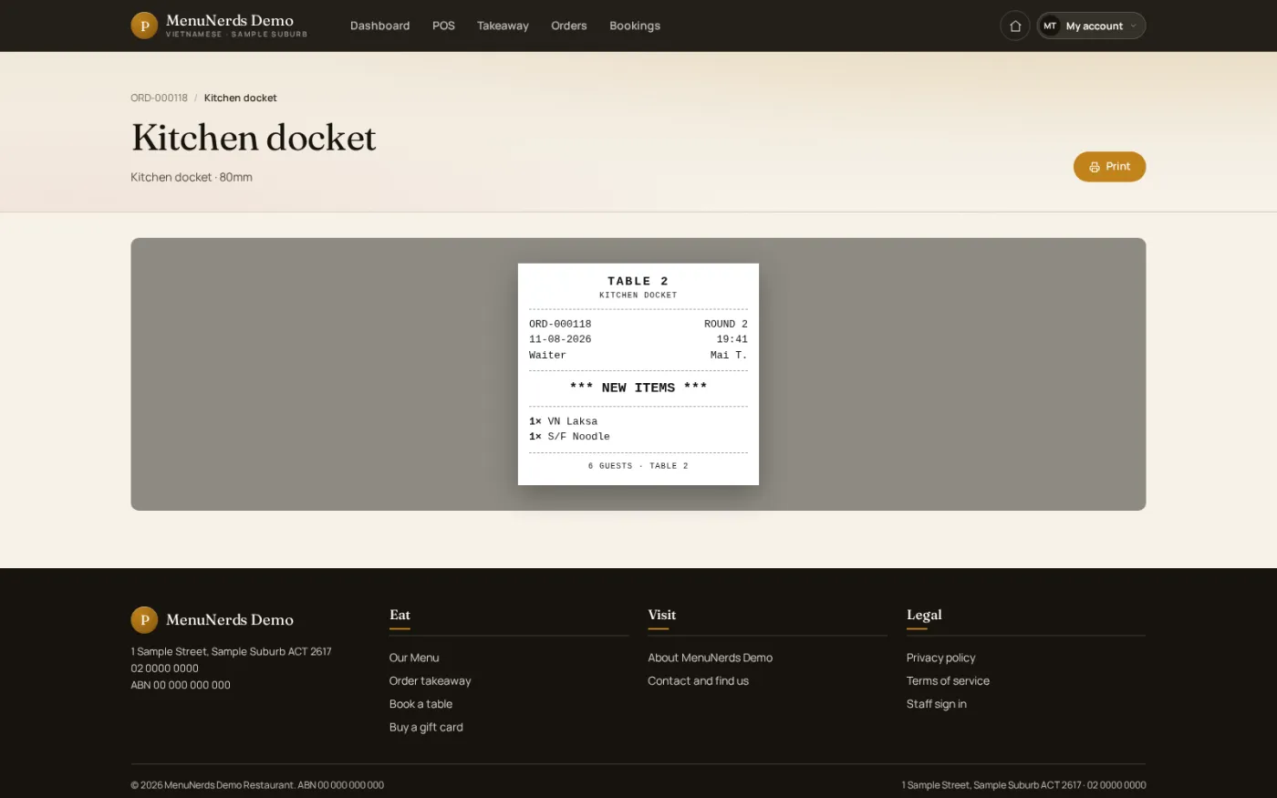 The kitchen docket for one order, laid out for the pass with each line, its options and any special preparation notes.