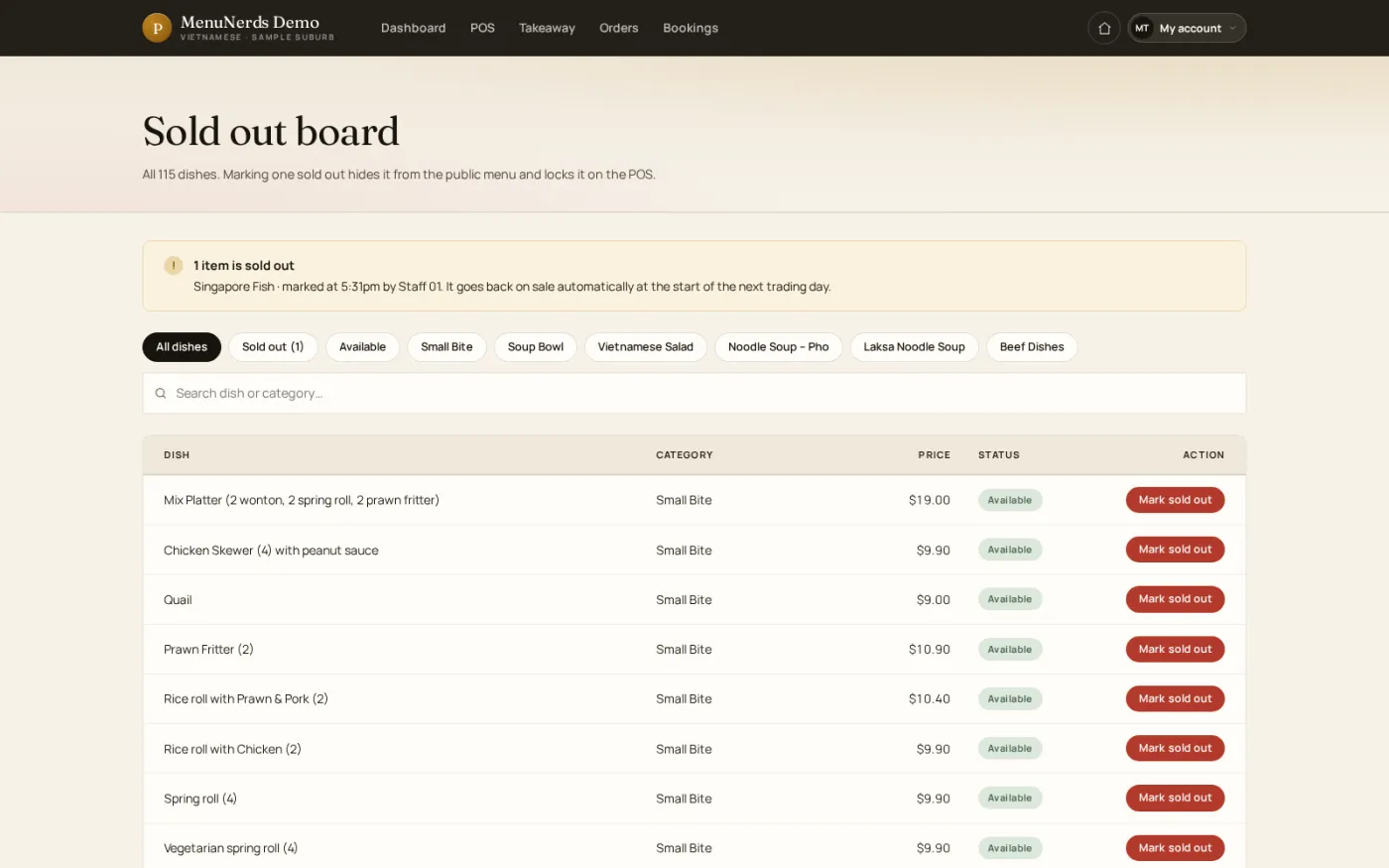 The sold-out board, where staff mark dishes unavailable so they disappear from the online menu and the till at once.