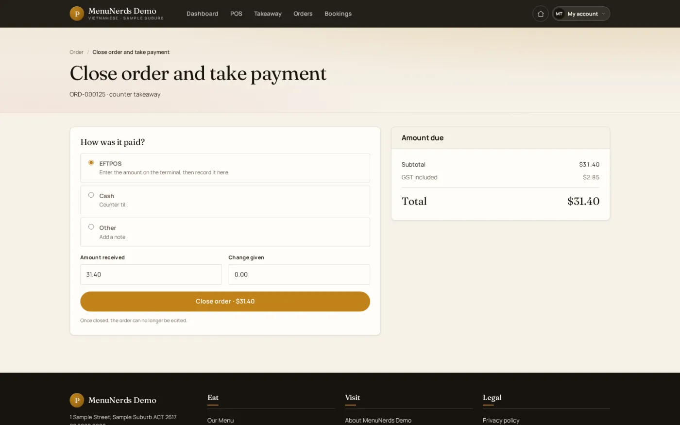 The screen for closing an order and taking payment, splitting the amount due across cash, card and other tender types.