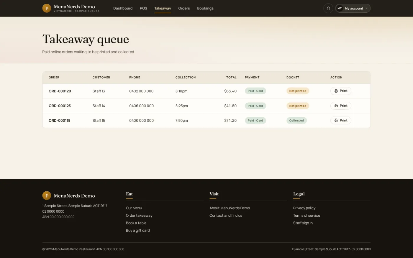 The takeaway collection queue, listing each waiting order with its collection time, total and whether it is already paid.