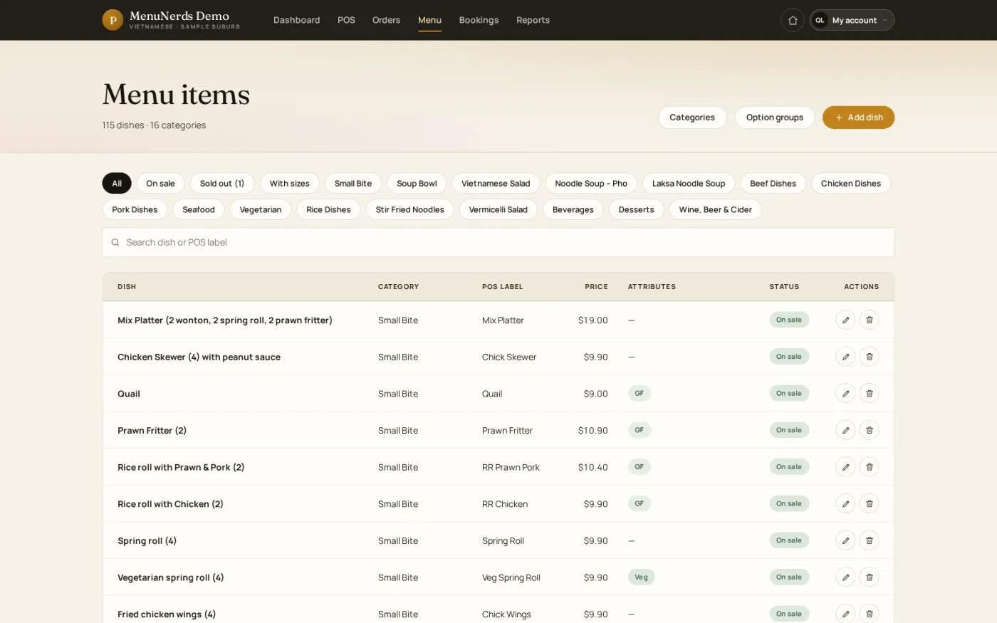 The menu management table, where each dish is given a category, till label, price, dietary attributes and availability.