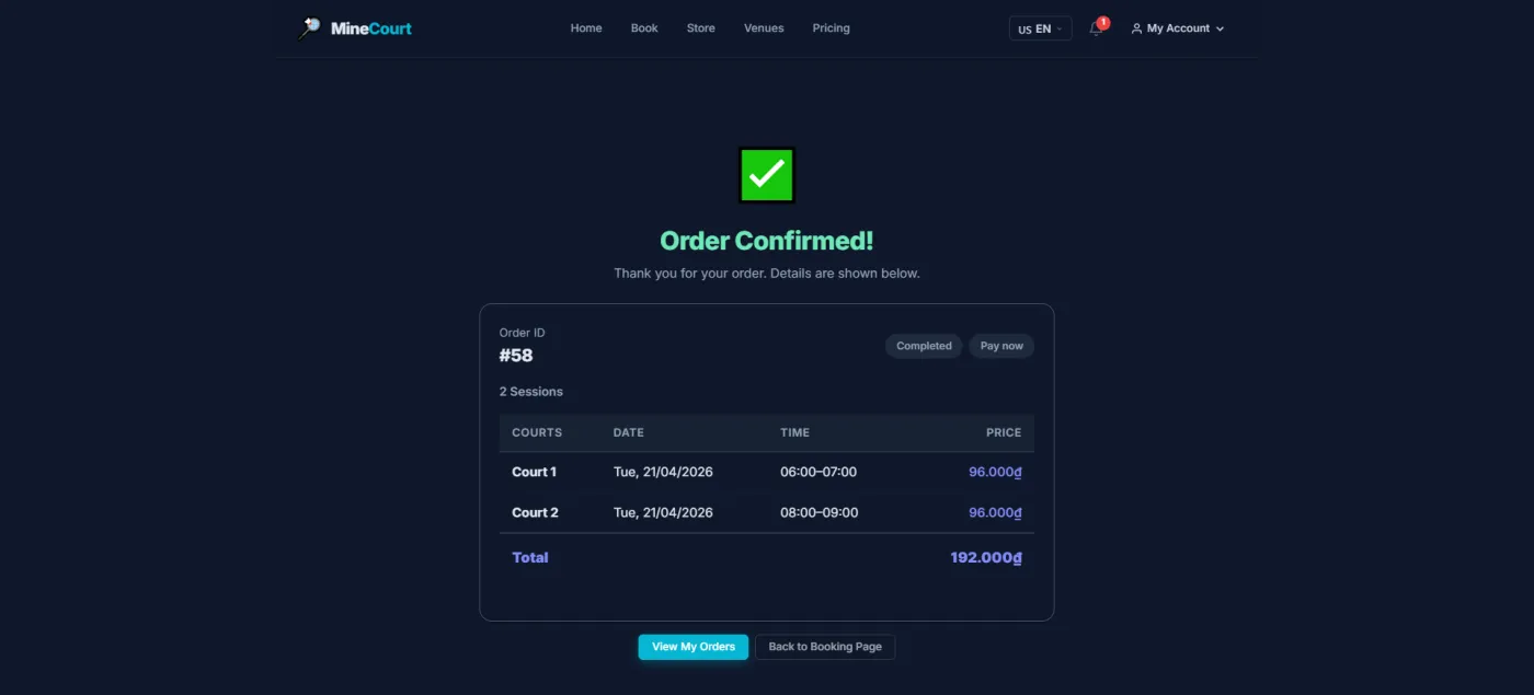 The confirmation a player receives, itemising each session booked with its court, date, time and price.