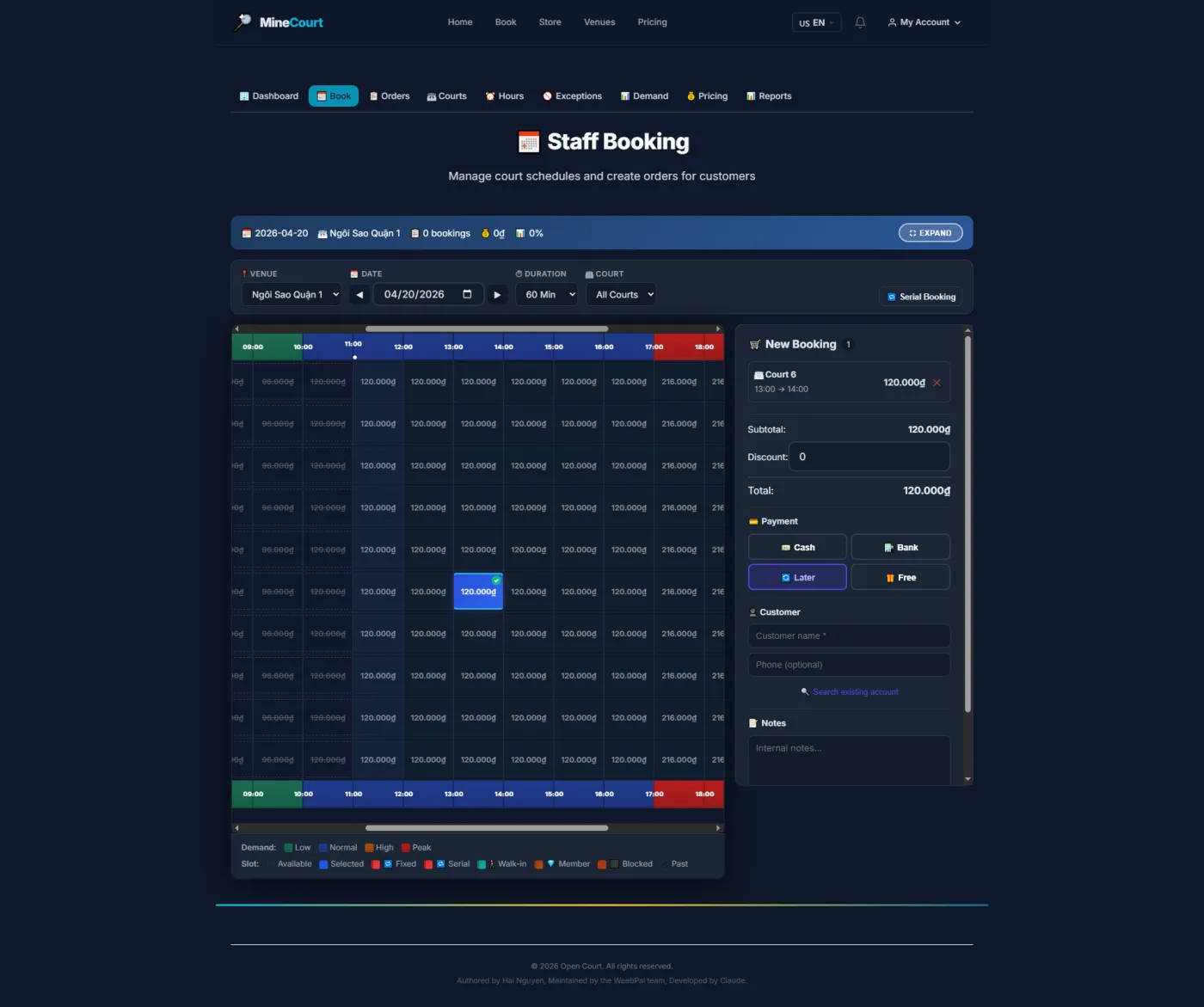 Counter staff build a booking on the live grid and take payment by cash, bank, later or free without leaving the screen.