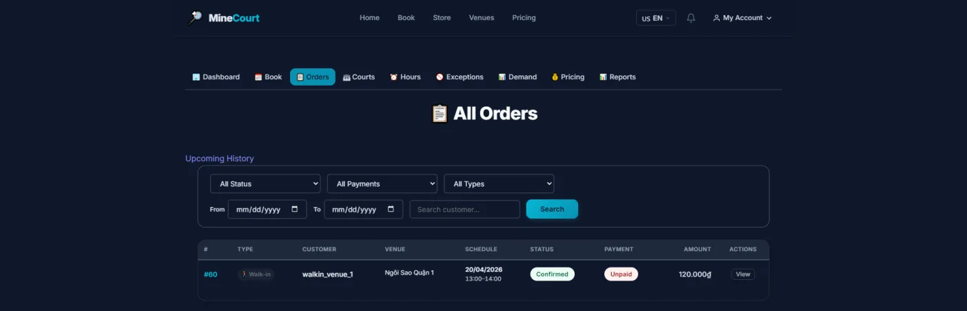 Every order for the venue with its type, schedule, status and payment state, filterable by date and by customer.