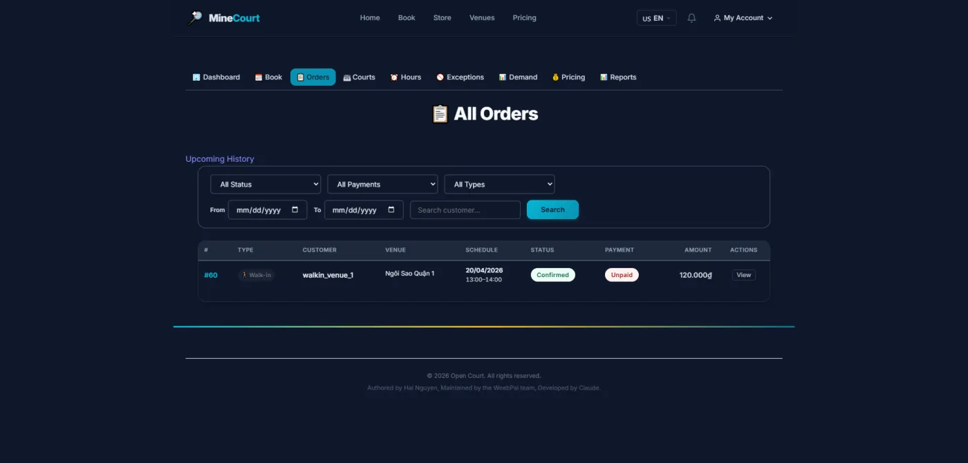 Every order for the venue with its type, schedule, status and payment state, filterable by date and by customer.
