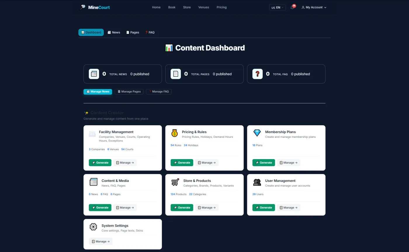 The platform console behind the tenants: facilities, pricing rules, memberships, catalogue and user accounts in one place.