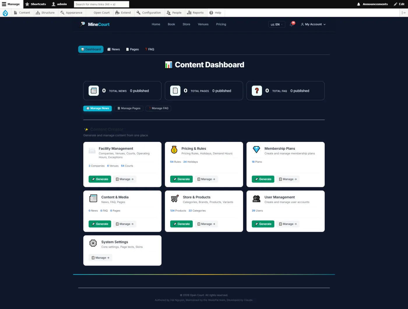 The platform console behind the tenants: facilities, pricing rules, memberships, catalogue and user accounts in one place.