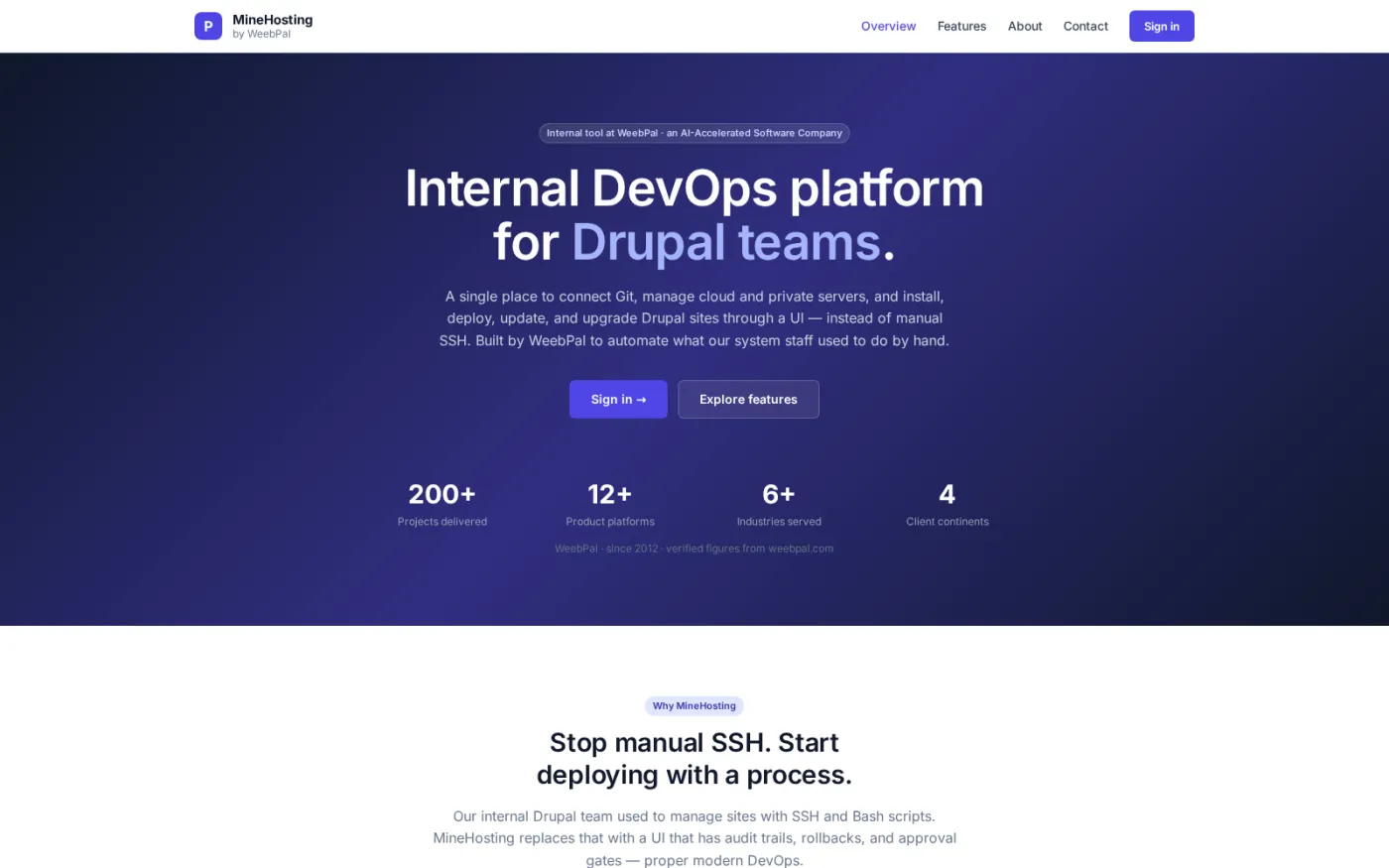 The product page states the case plainly: replace manual SSH and shell scripts with an interface that has approval gates, rollbacks and an audit trail.
