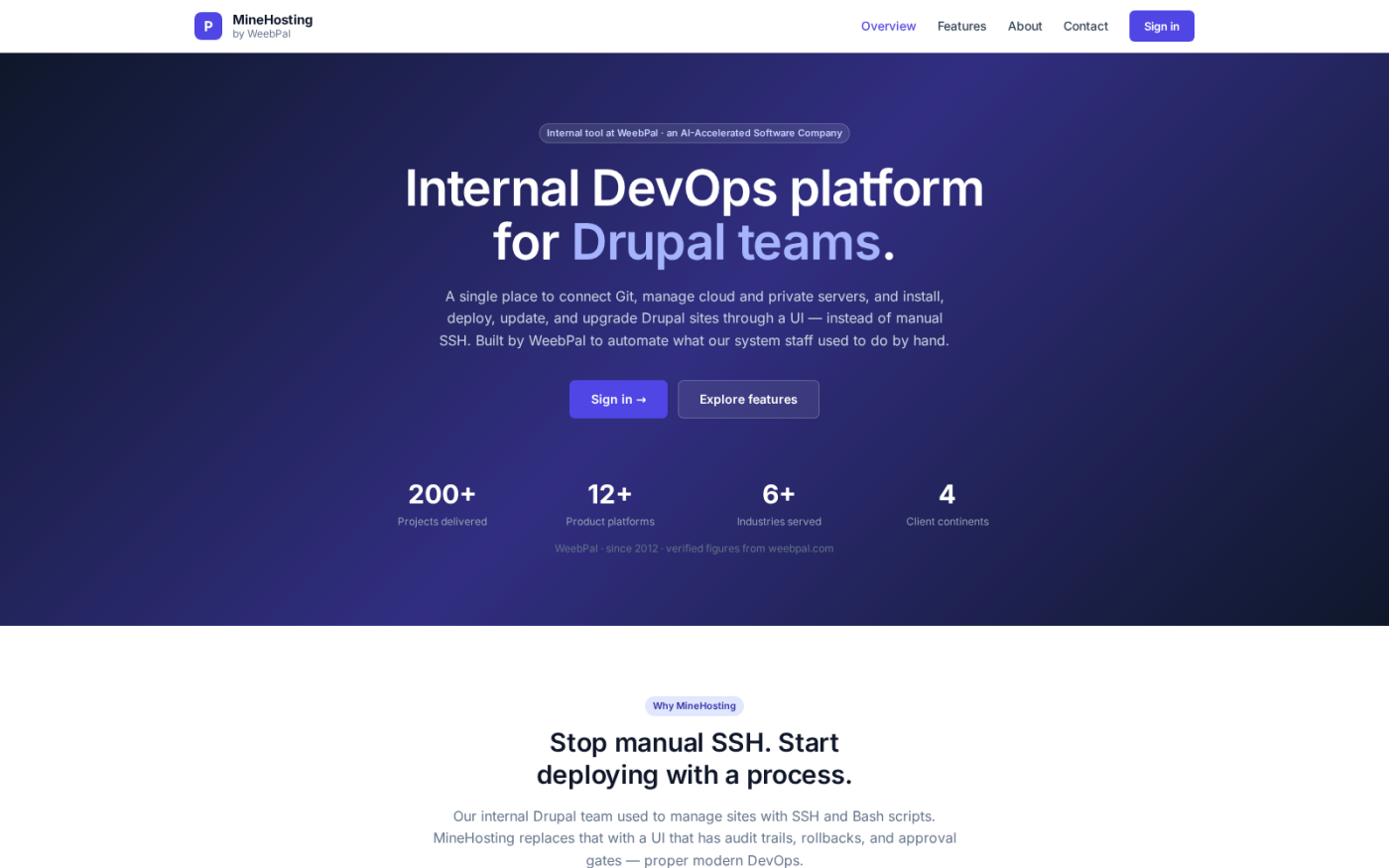 The product page states the case plainly: replace manual SSH and shell scripts with an interface that has approval gates, rollbacks and an audit trail.