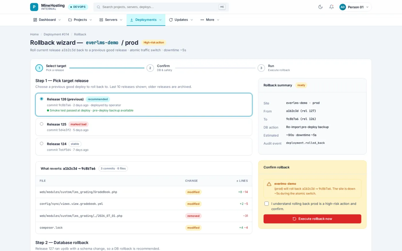 Rolling back names the exact release to return to and lists the files and migrations that will revert, including where the database cannot follow.