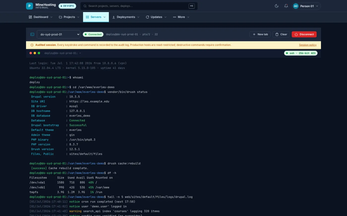 A browser console gives audited shell access to a host: every keystroke is recorded, and destructive commands on production hosts require confirmation.