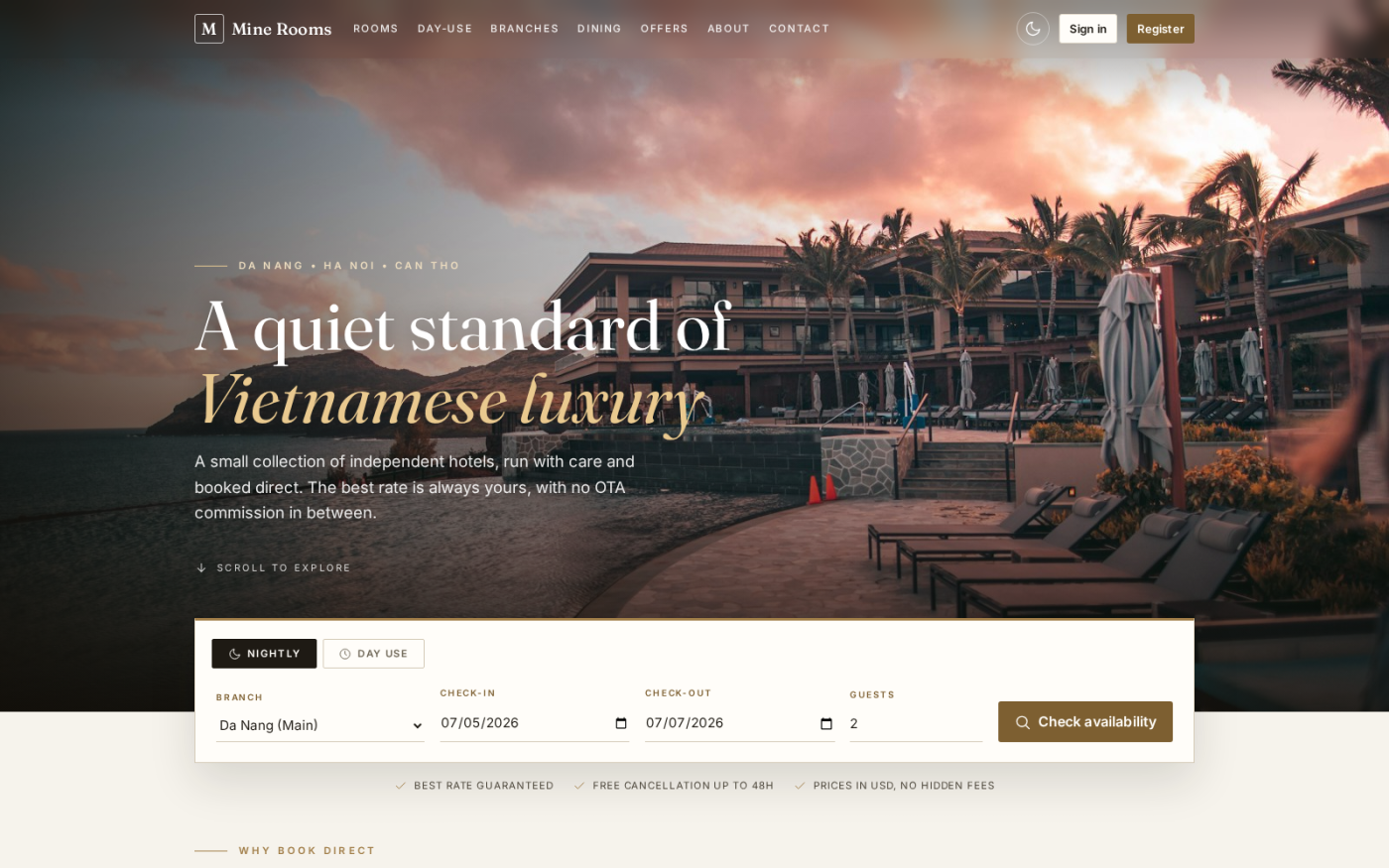 The public booking site leads with a branch, date and occupancy search, so a visitor checks live availability and sees the direct rate before scrolling.