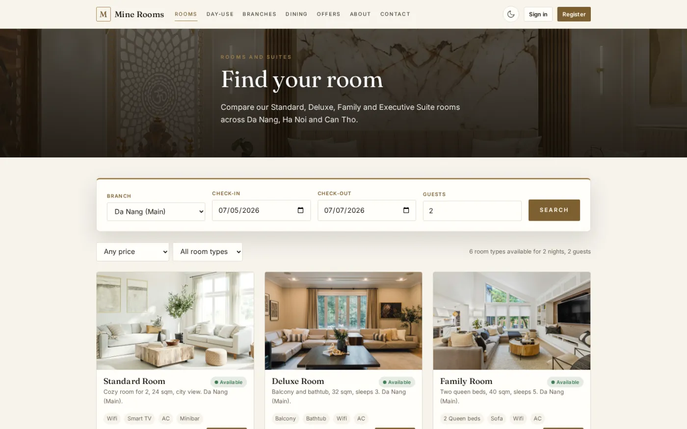 Room search filters every room type across all branches by price and availability, showing size, occupancy and amenities on each card for comparison.