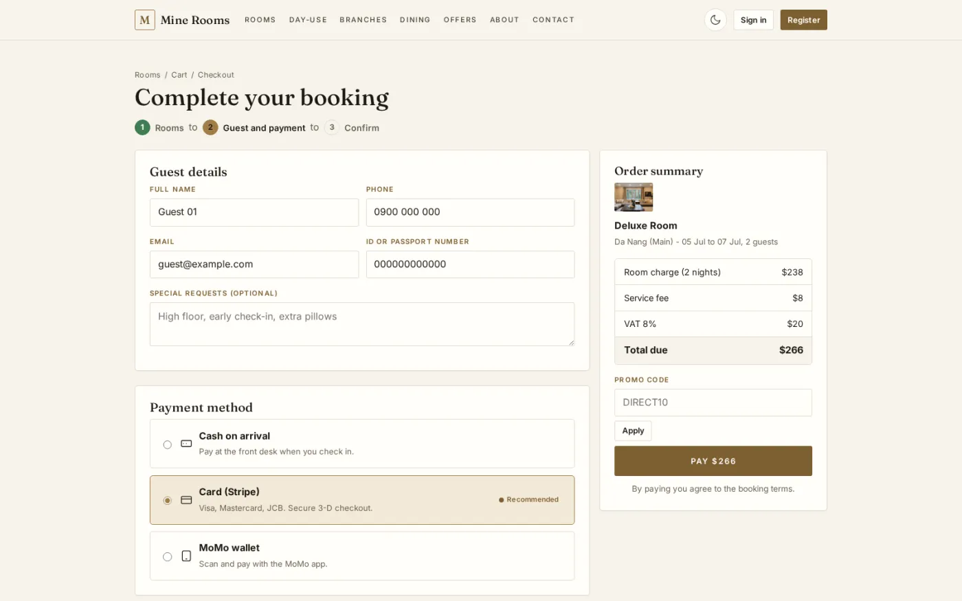 Checkout collects guest and identity details beside a live summary of nights, room charge, service fee and tax, and takes cash, card or e-wallet payment.