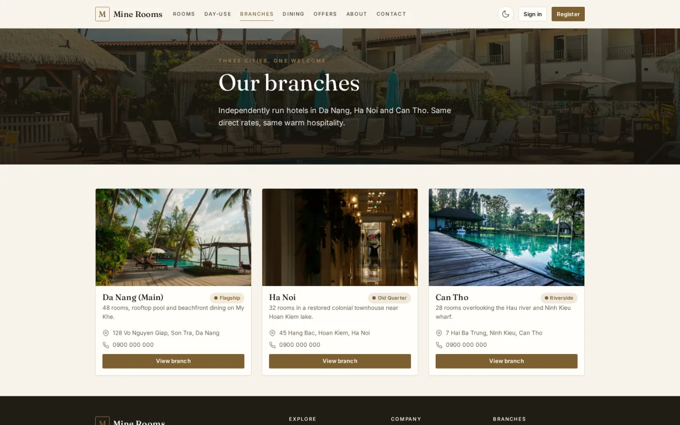 A multi-property storefront presents each hotel in the group with its room count and location, all of them booking through the same direct engine.