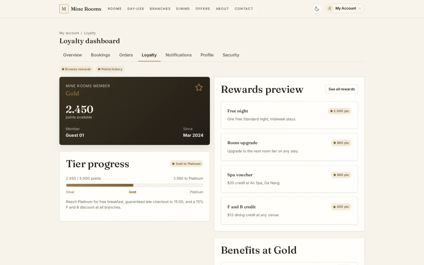 The loyalty dashboard shows a member's point balance, progress towards the next tier and the rewards those points can be redeemed against.