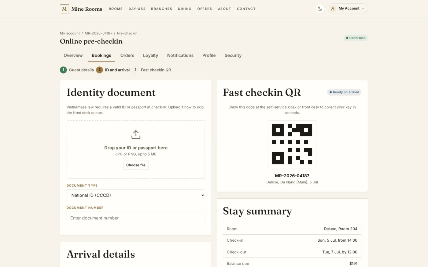 Online pre-checkin takes the identity document and arrival time the law requires, then issues a QR code that collects the key without queueing at the desk.