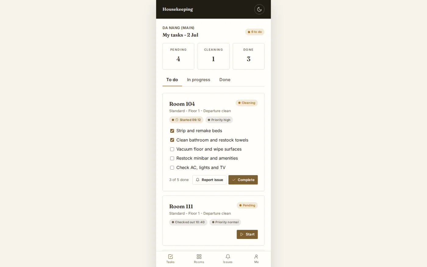 The housekeeping app gives an attendant their room queue on a phone, with the checklist for each clean and the reason the room needs service.
