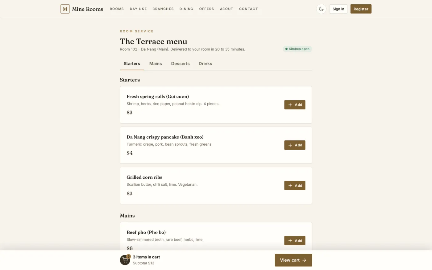 A QR menu opened from the room lets a guest order room service by category without installing an app, charging it straight to the room folio.