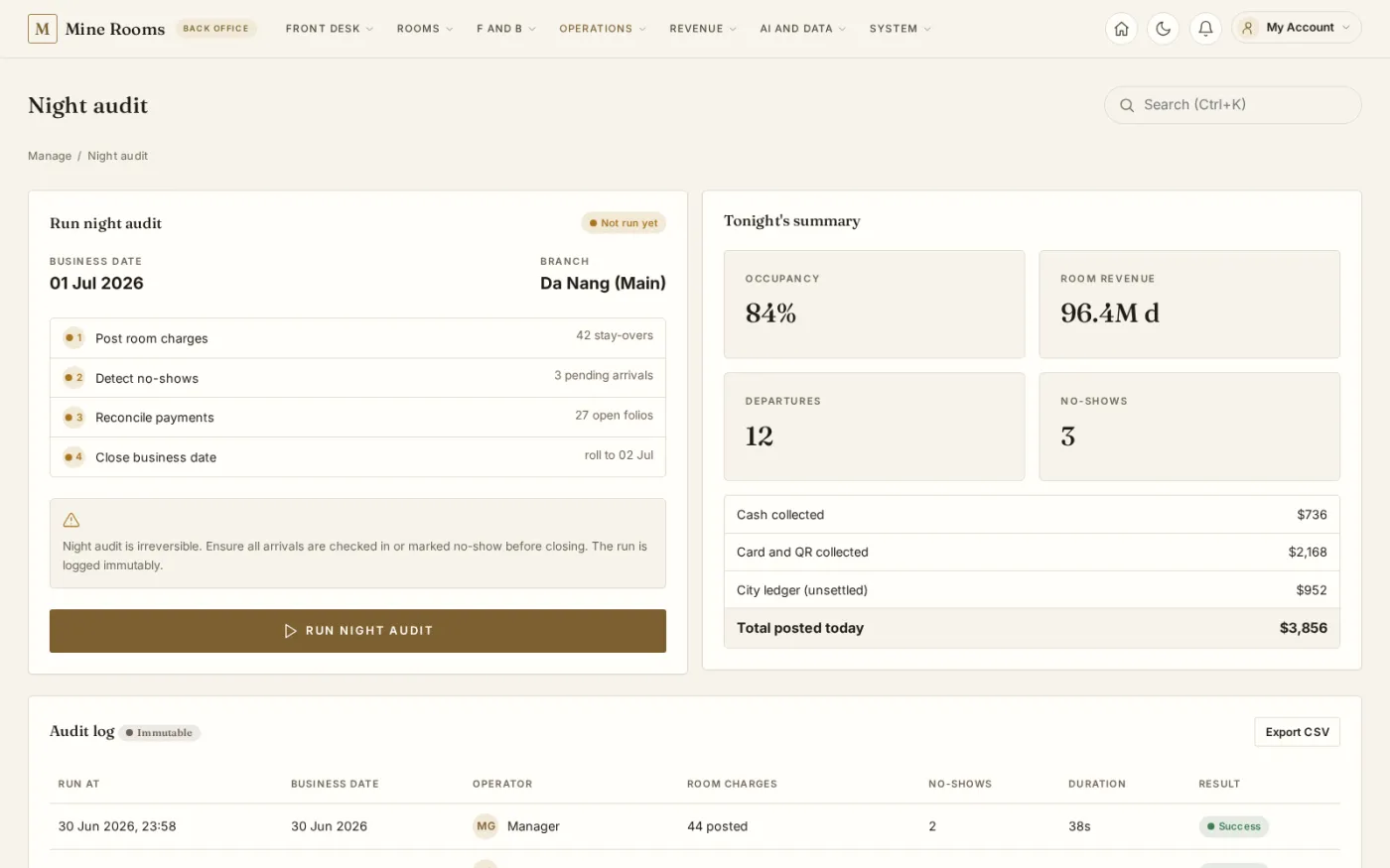 The night audit steps through posting room charges, catching no-shows and reconciling payments before the business date is closed and locked.