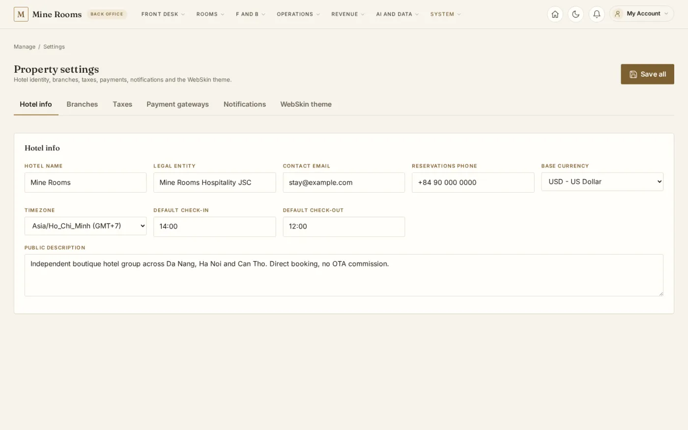 Property settings hold the hotel identity, its branches, tax rules, payment gateways and the storefront theme in a single configuration screen.