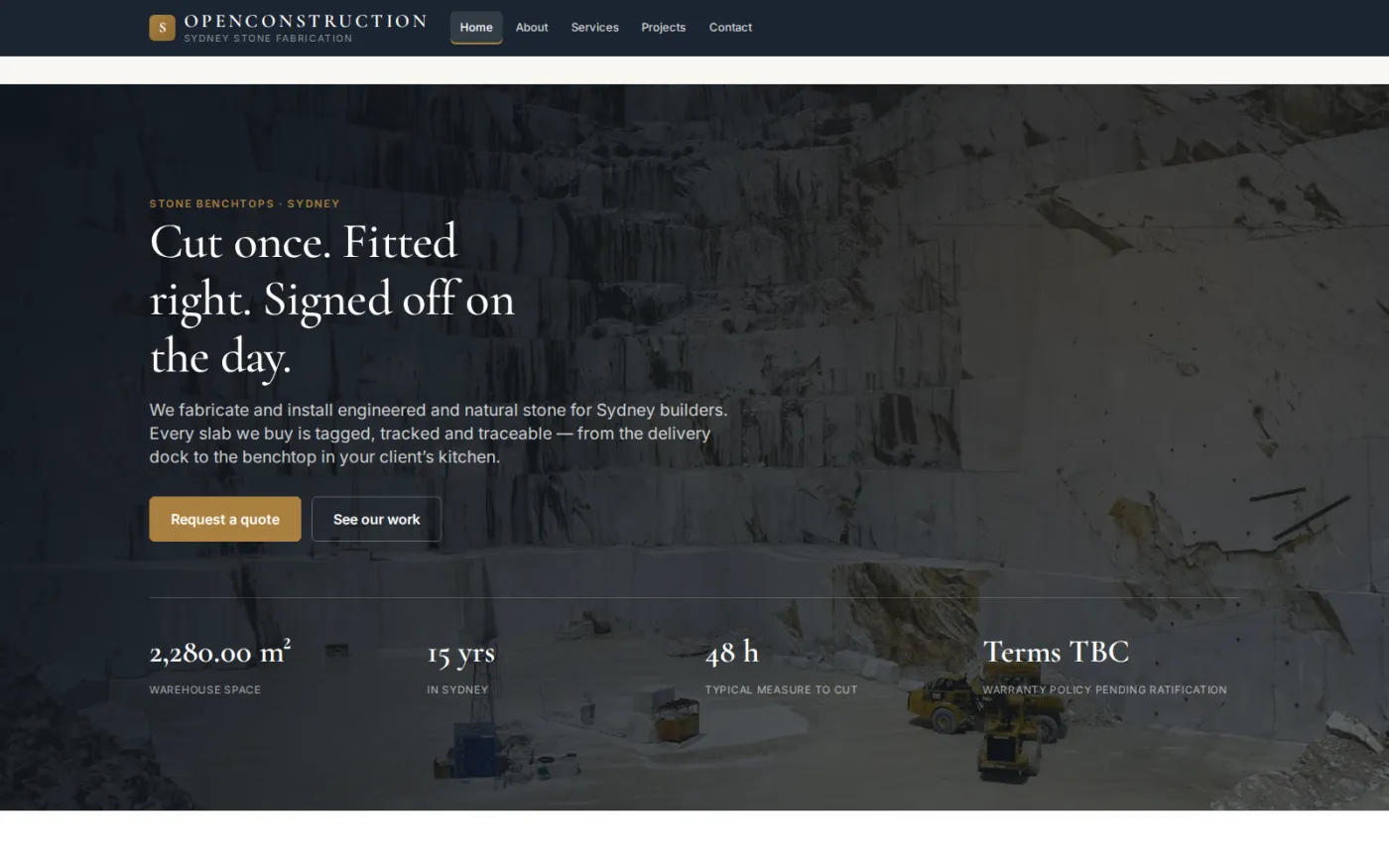 The public site explains the three things the business actually does - measure, fabricate and install - and invites a builder to request a quote.