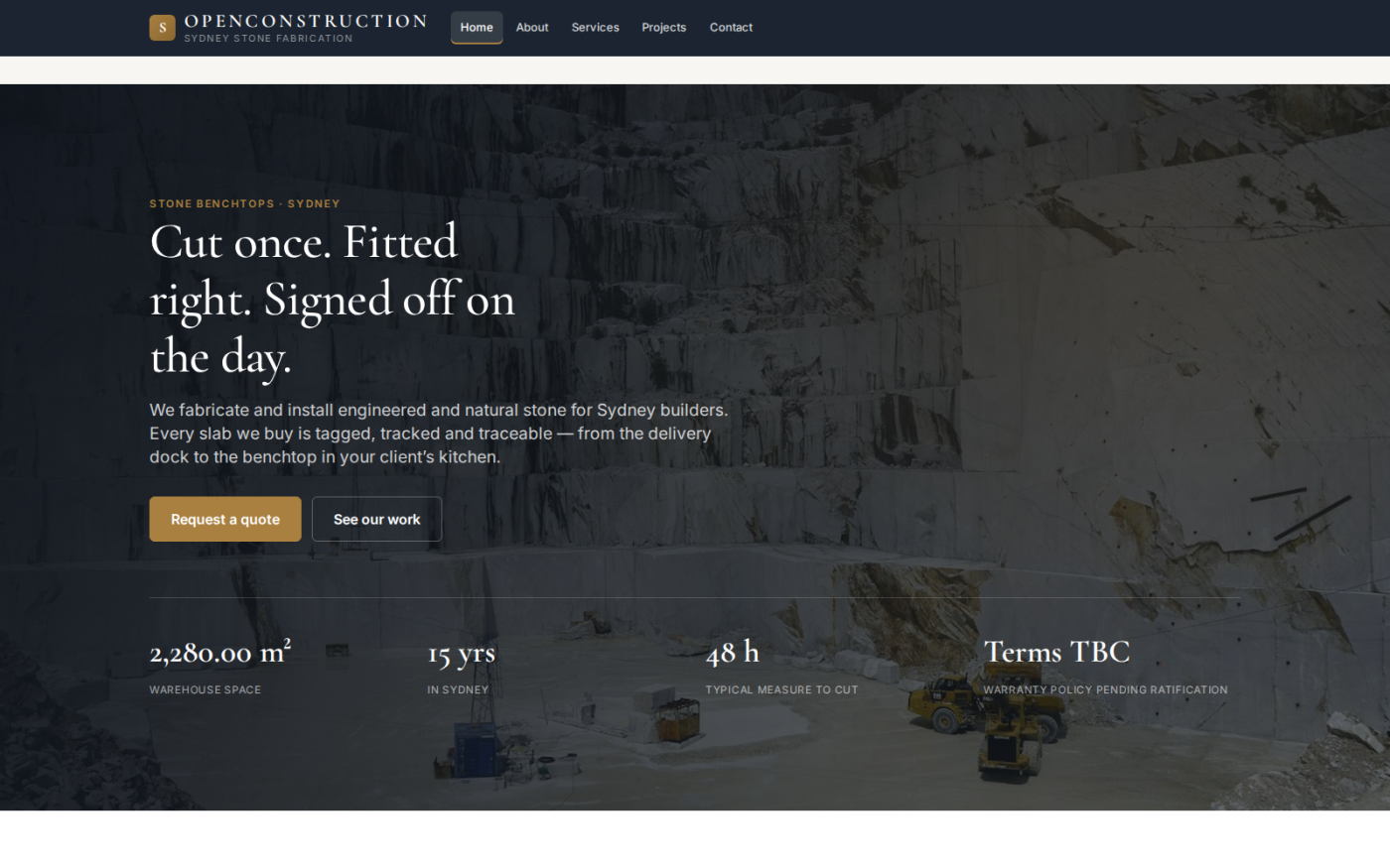 The public site explains the three things the business actually does - measure, fabricate and install - and invites a builder to request a quote.