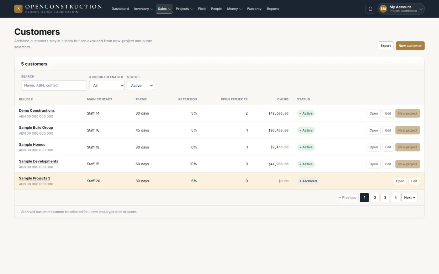 Each builder account carries its payment terms, retention rate, open jobs and outstanding balance, and archived accounts are kept out of new-job selectors.