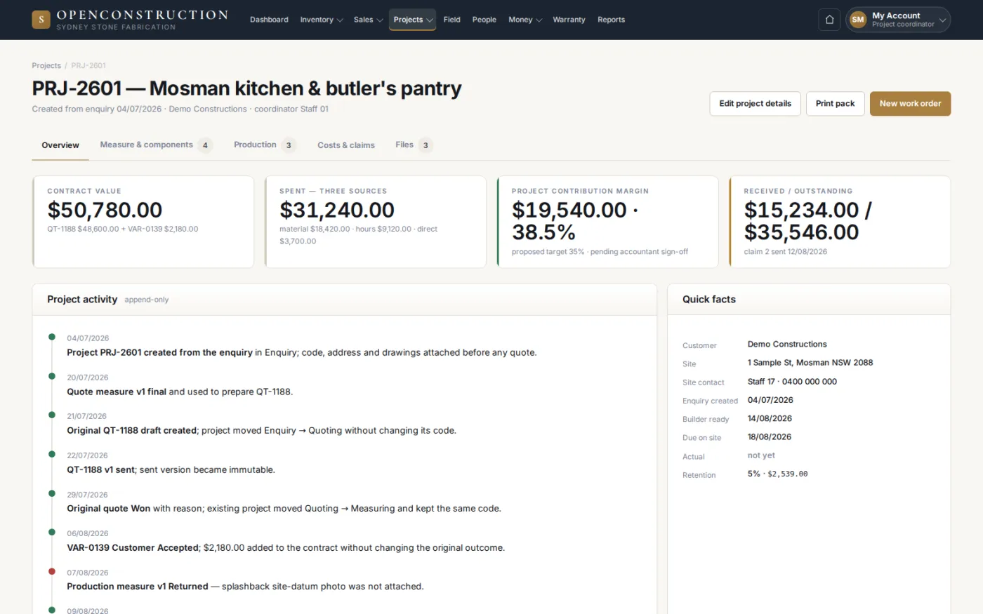 The project view holds contract value, spend from three separate sources and the running contribution margin against one append-only activity log.