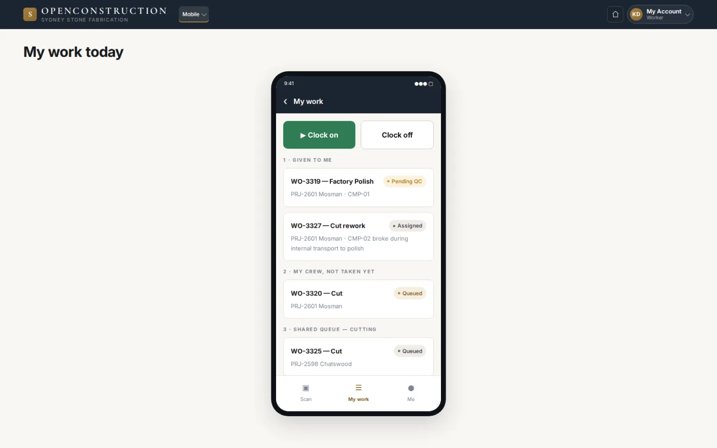 A fabricator's phone shows only the orders given to them, their crew's queue and the shared queue, alongside the off-cut rewards earned this month.